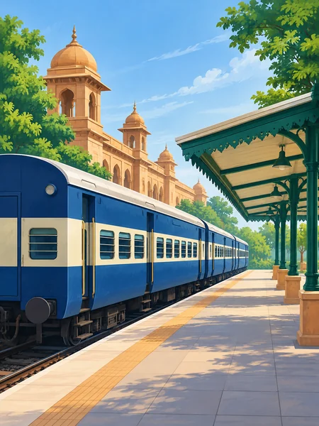 Original editorial illustration of a railway arrival, not an actual Indore station photograph
