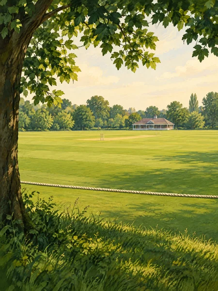 Original editorial illustration of a grass-edge cricket view, not a confirmed public spectator area at Emerald Heights