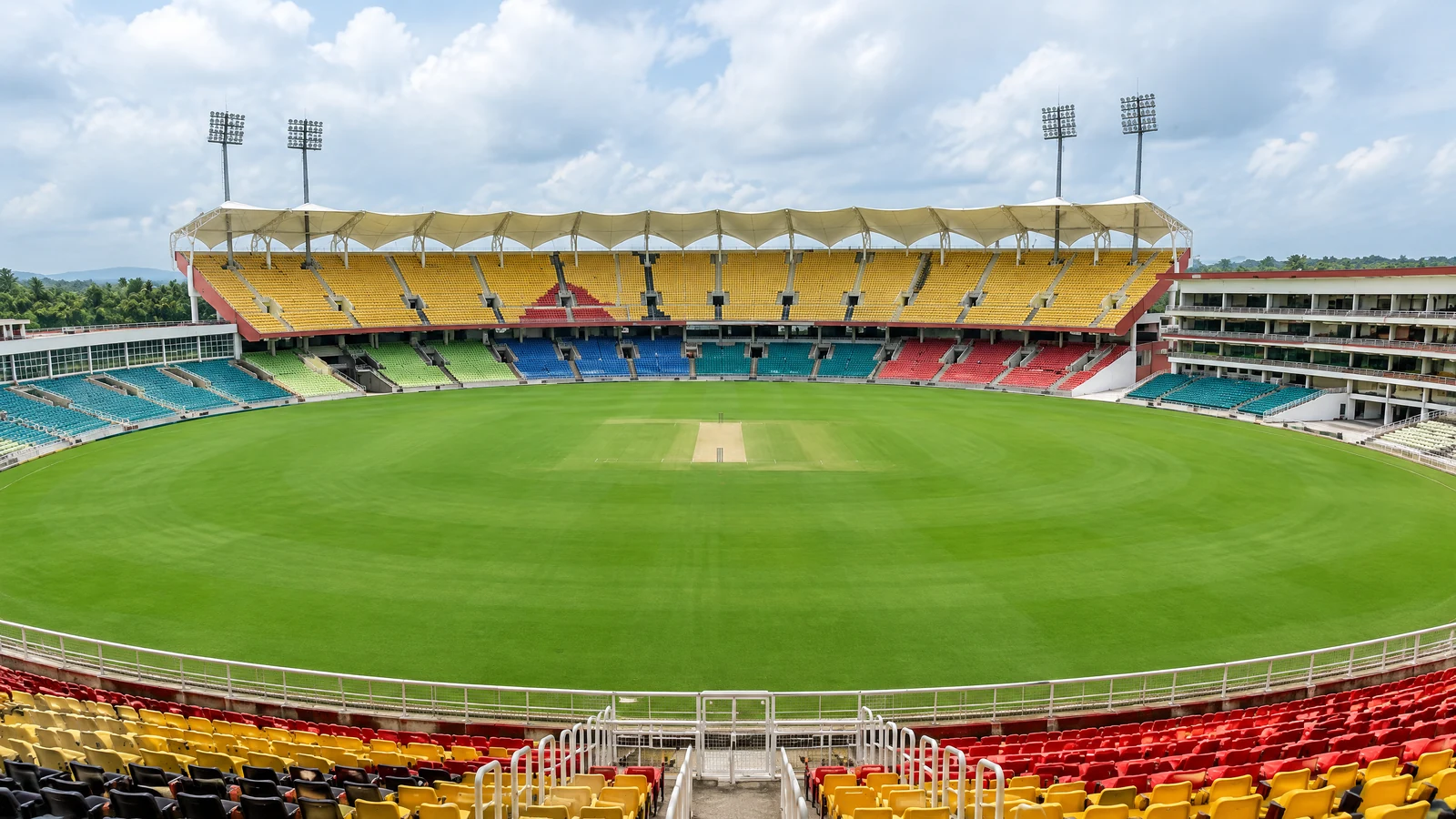 Cricket pitch at Greenfield International Stadium in Thiruvananthapuram