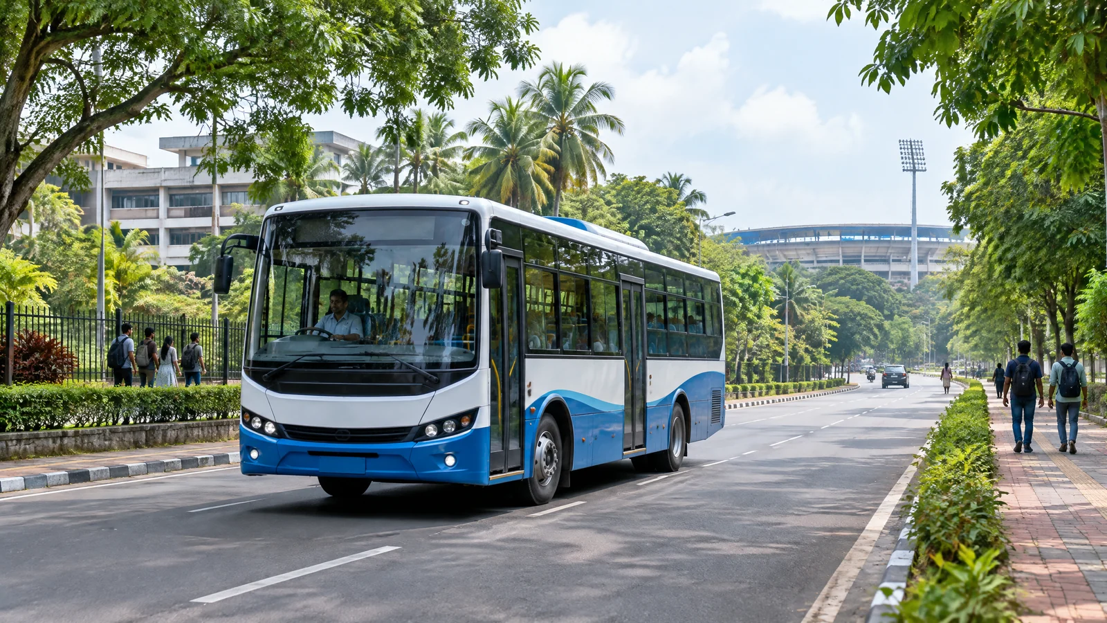 Kerala city bus on the Karyavattom route towards Greenfield Stadium