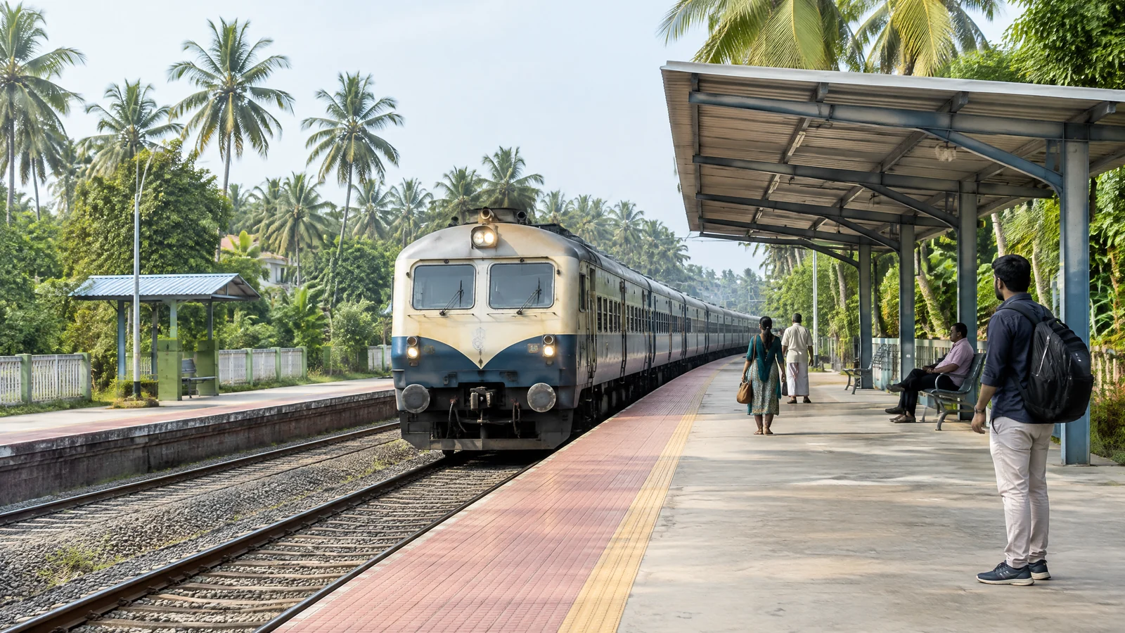 Passenger train at a Kerala railway station near Greenfield Stadium Trivandrum
