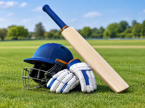 Editorial illustration of India-coloured cricket equipment