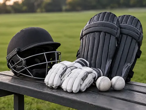Editorial illustration of New Zealand-coloured cricket equipment