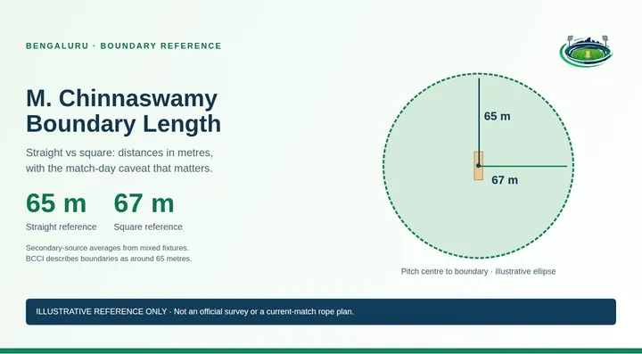Illustrative Chinnaswamy boundary reference: 65 m straight and 67 m square, not current ropes
