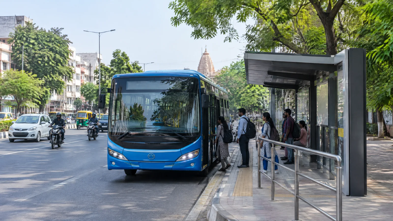 City bus in central Indore for local travel towards Holkar Stadium