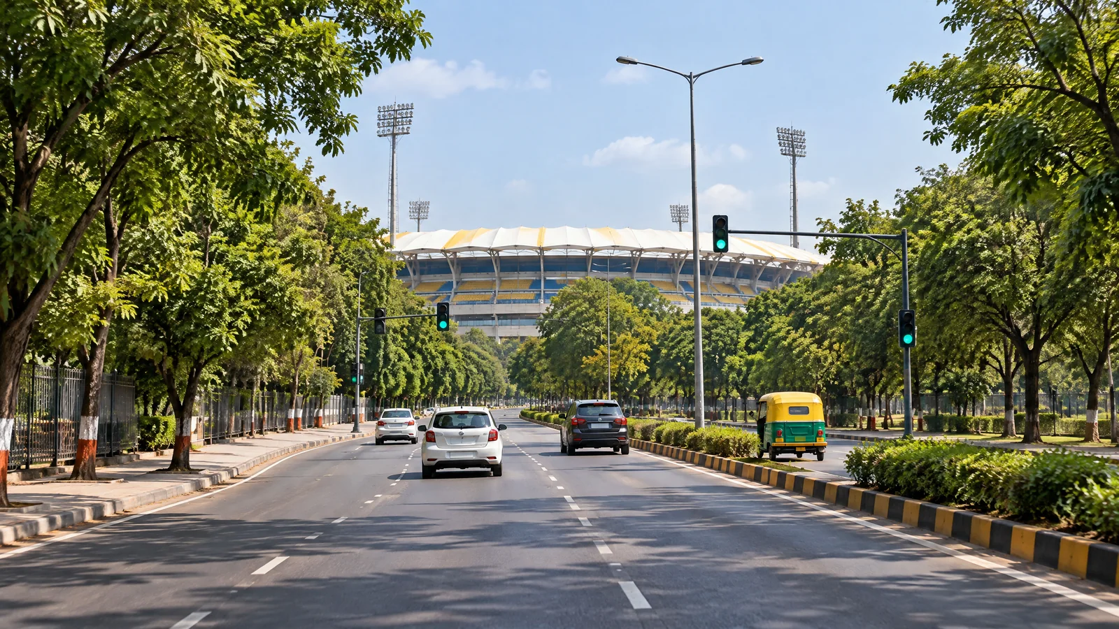 Cars approaching Holkar Stadium on a tree-lined road in Indore