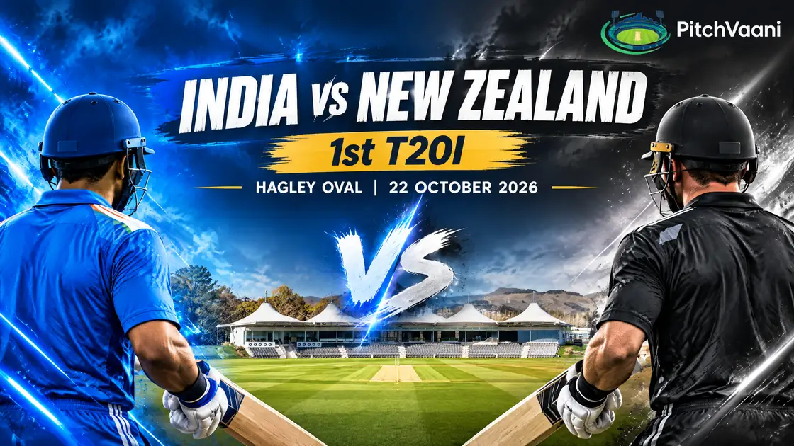 Editorial India vs New Zealand 1st T20I face-off graphic with anonymous helmeted cricketers and the PitchVaani logo