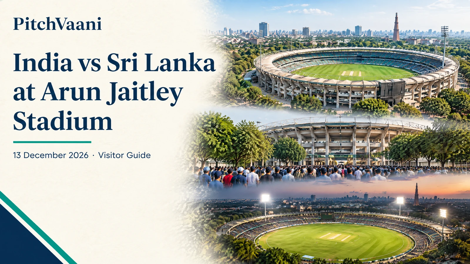 PitchVaani India vs Sri Lanka at Arun Jaitley Stadium visitor guide cover with a Delhi stadium collage