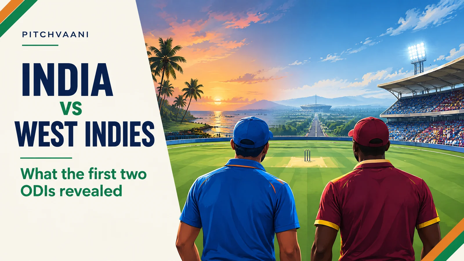 PitchVaani editorial illustration contrasting Greenfield and Barsapara cricket grounds for India versus West Indies ODI analysis