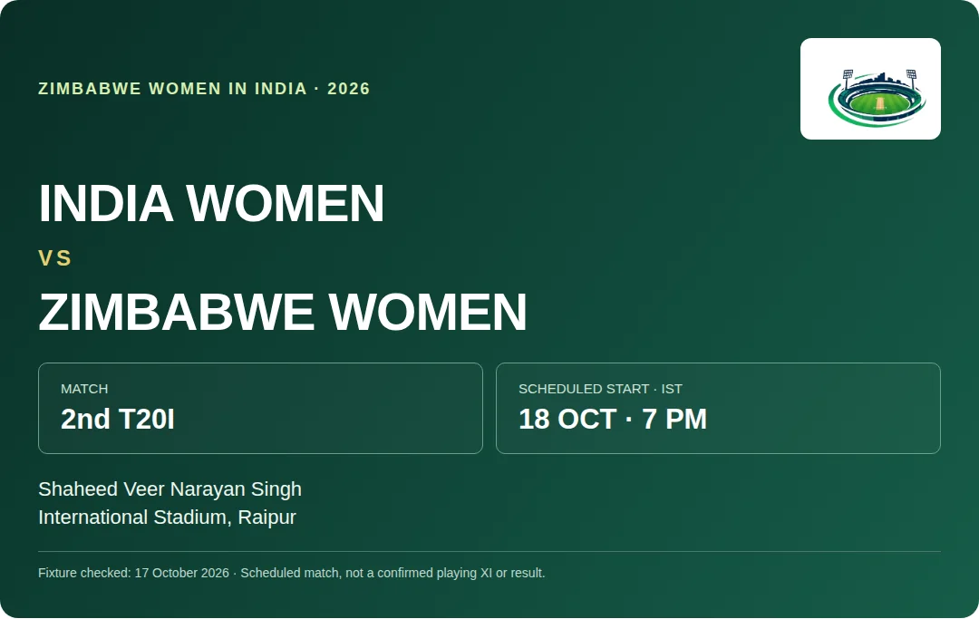 India Women vs Zimbabwe Women second T20I fixture: 18 October 2026, 7 PM IST, Raipur, with PitchVaani logo