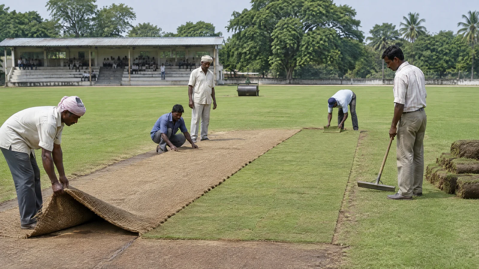 Ground staff preparing the transition from matting to turf cricket pitches