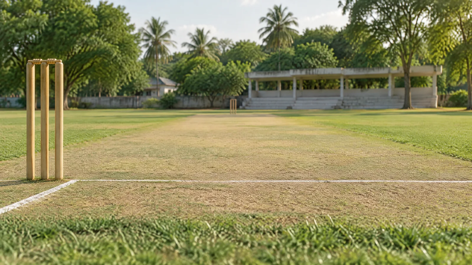 Prepared turf wicket at a modest Tirunelveli cricket ground