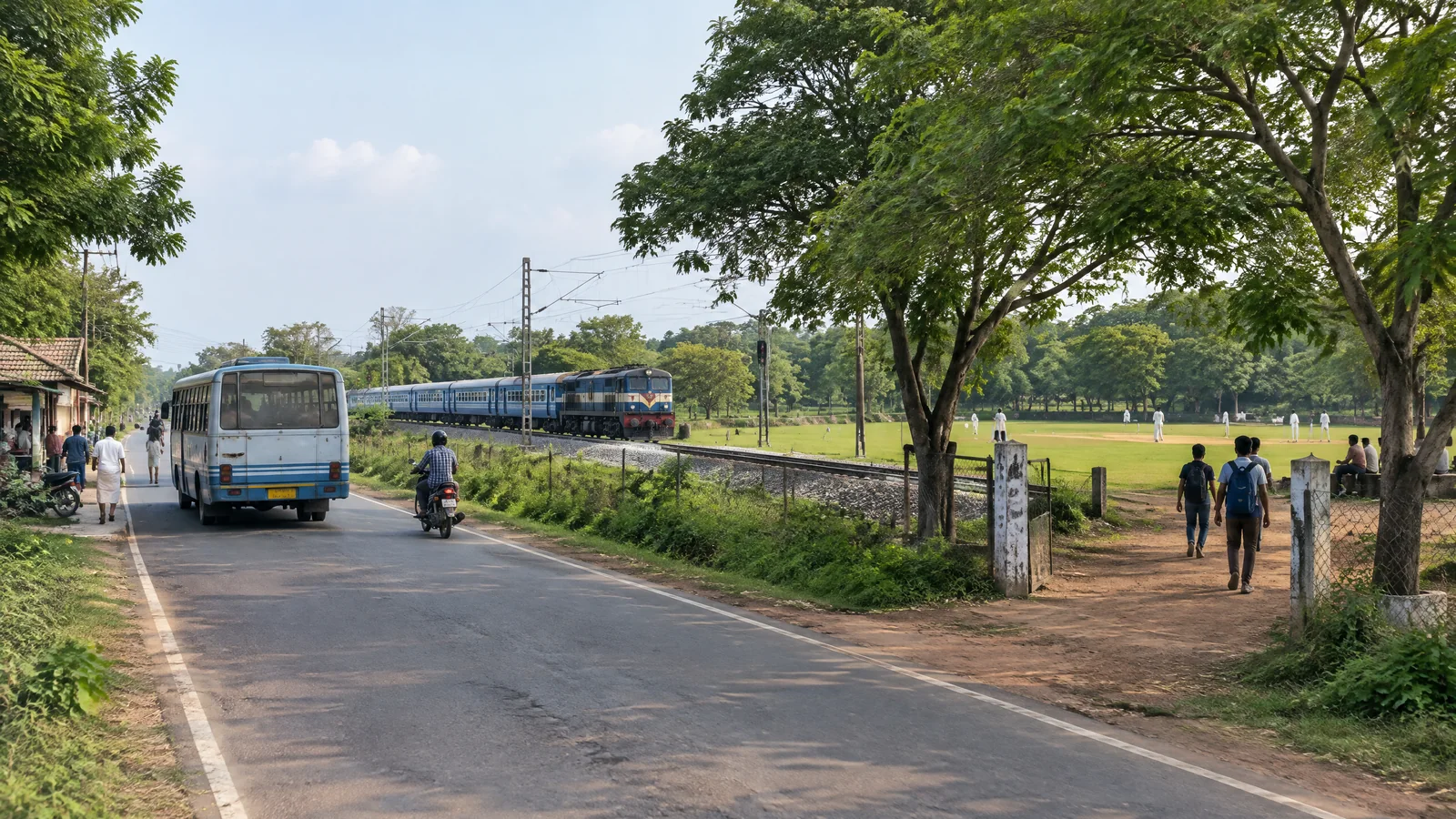 Road and local transport beside a cricket ground in Sankar Nagar