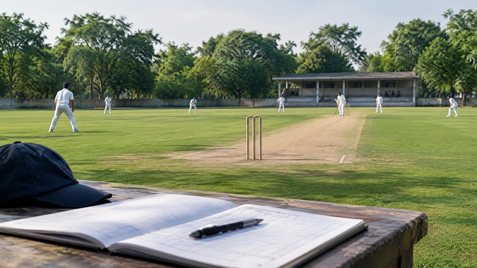 Prepared cricket ground and scorebook representing documented records at Tirunelveli