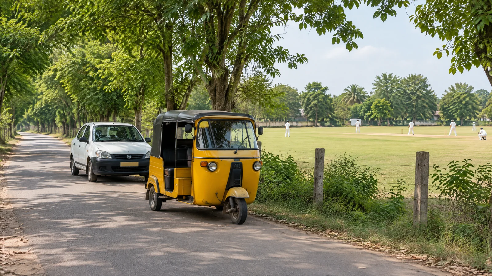 Auto-rickshaw and taxi on a tree-lined local road near a cricket ground