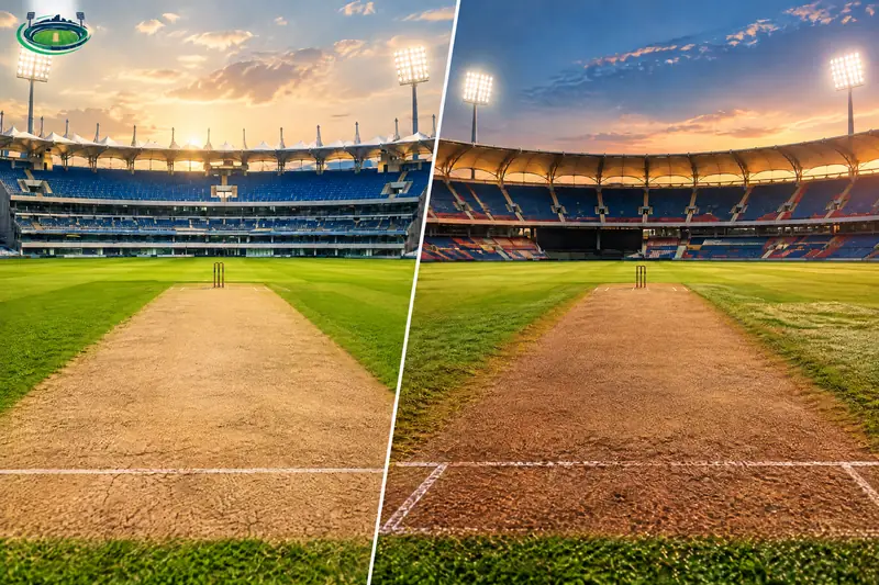 JSCA Stadium and Ekana Stadium pitch comparison with PitchVaani logo