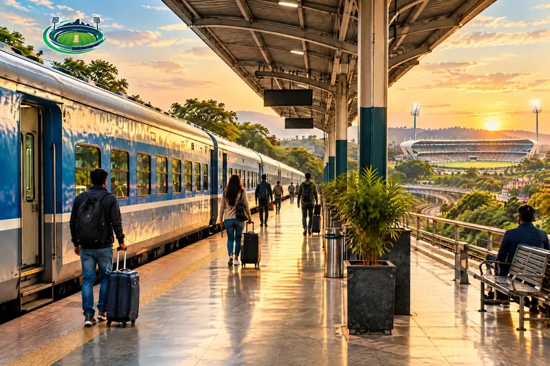 Nearest railway station to JSCA Stadium railway access card with PitchVaani logo