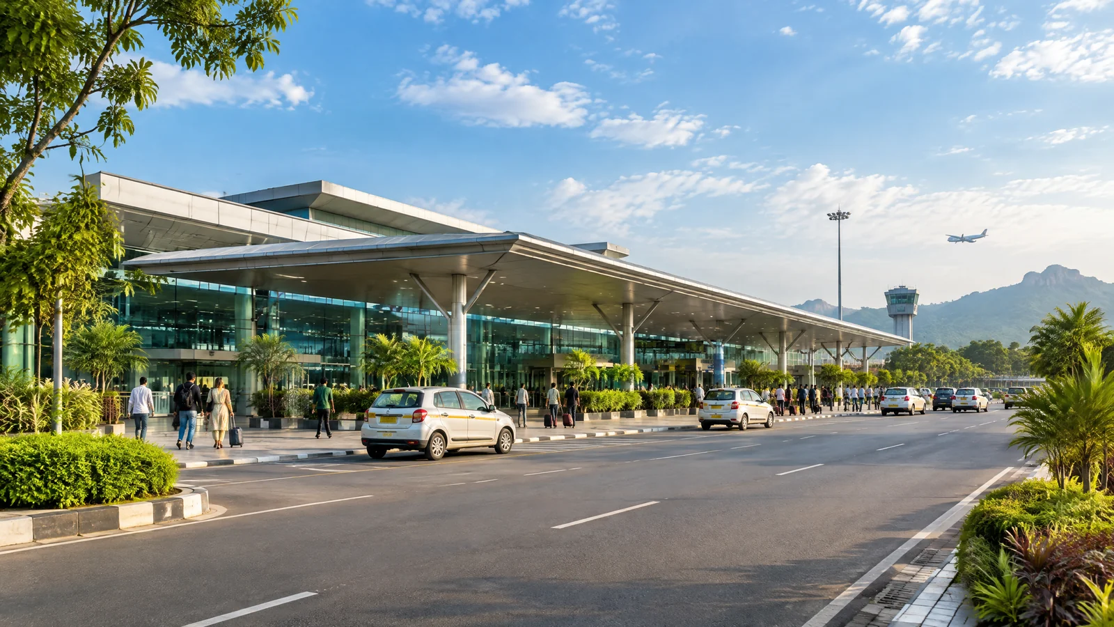 Airport terminal and taxis for travel to JSCA Stadium Ranchi