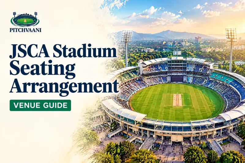 JSCA Stadium Seating Arrangement editorial cover with PitchVaani logo