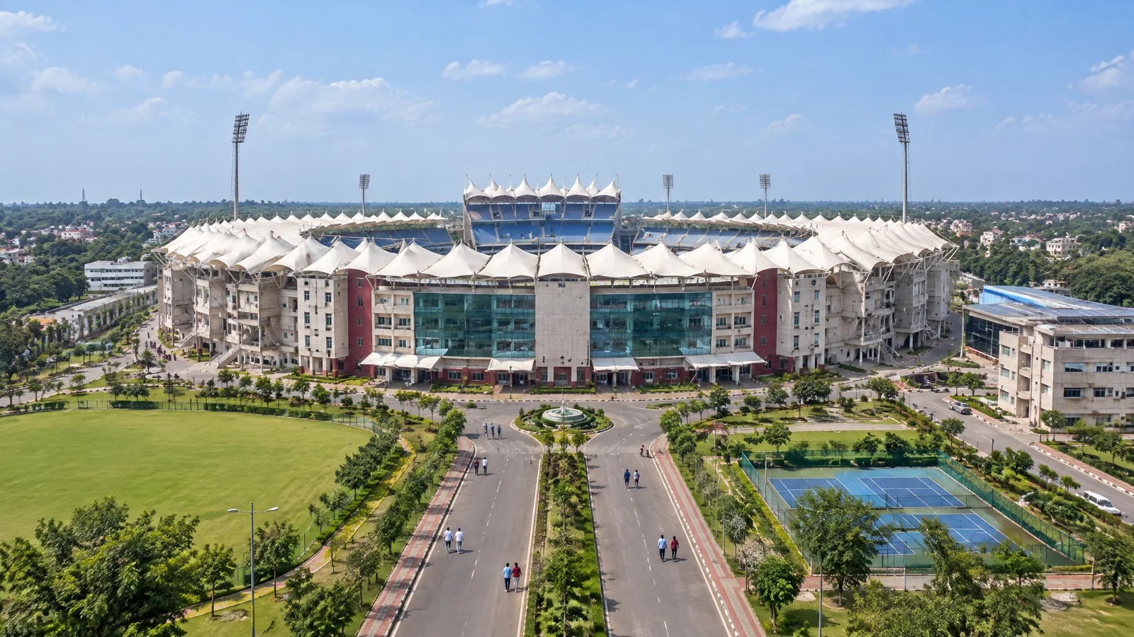 Exterior approach to JSCA International Stadium in Dhurwa, Ranchi