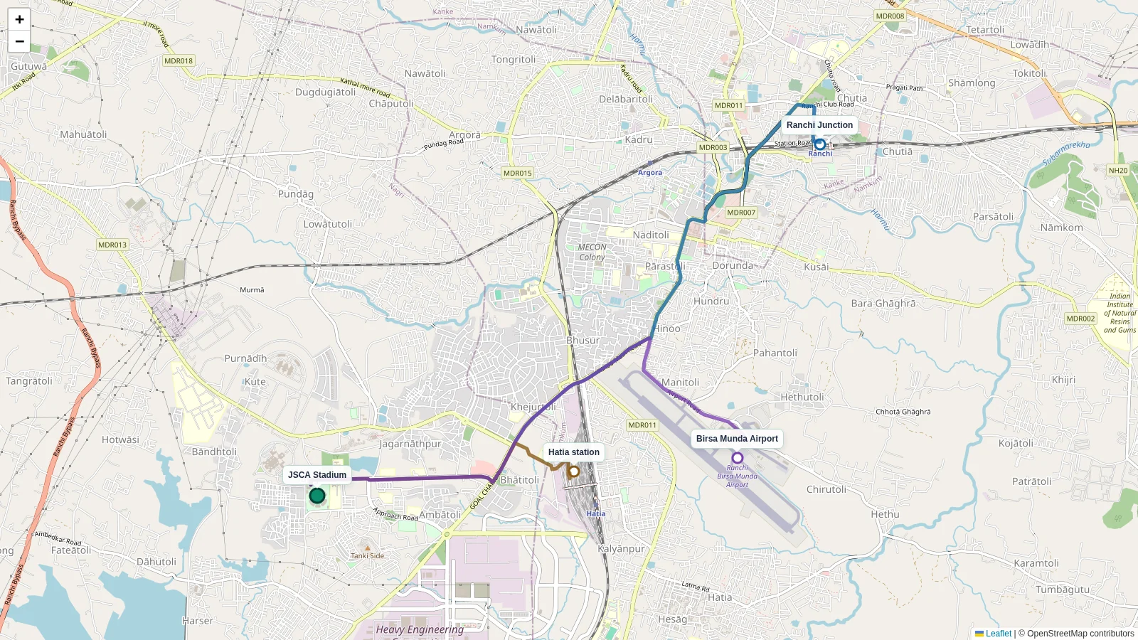 JSCA Stadium map with routes from Ranchi Junction Hatia station and Birsa Munda Airport