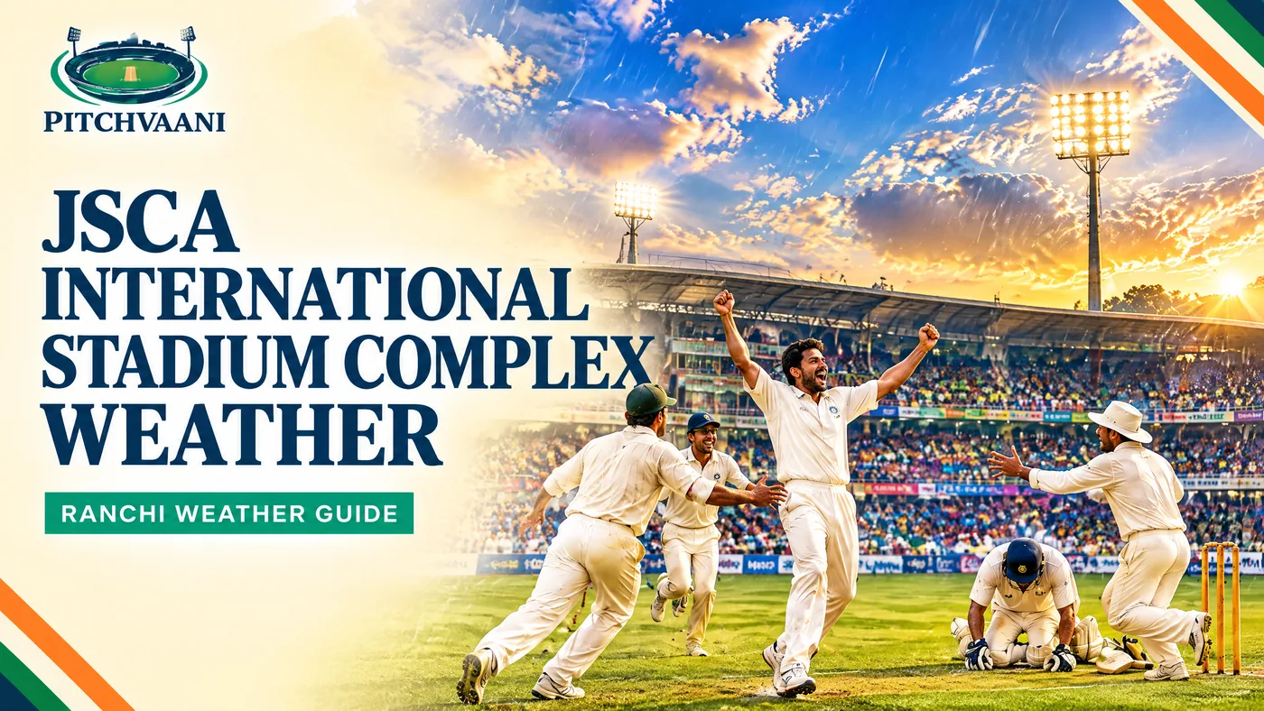 JSCA International Stadium Complex weather guide with colorful Ranchi stadium, floodlights, cricket action and rain clouds