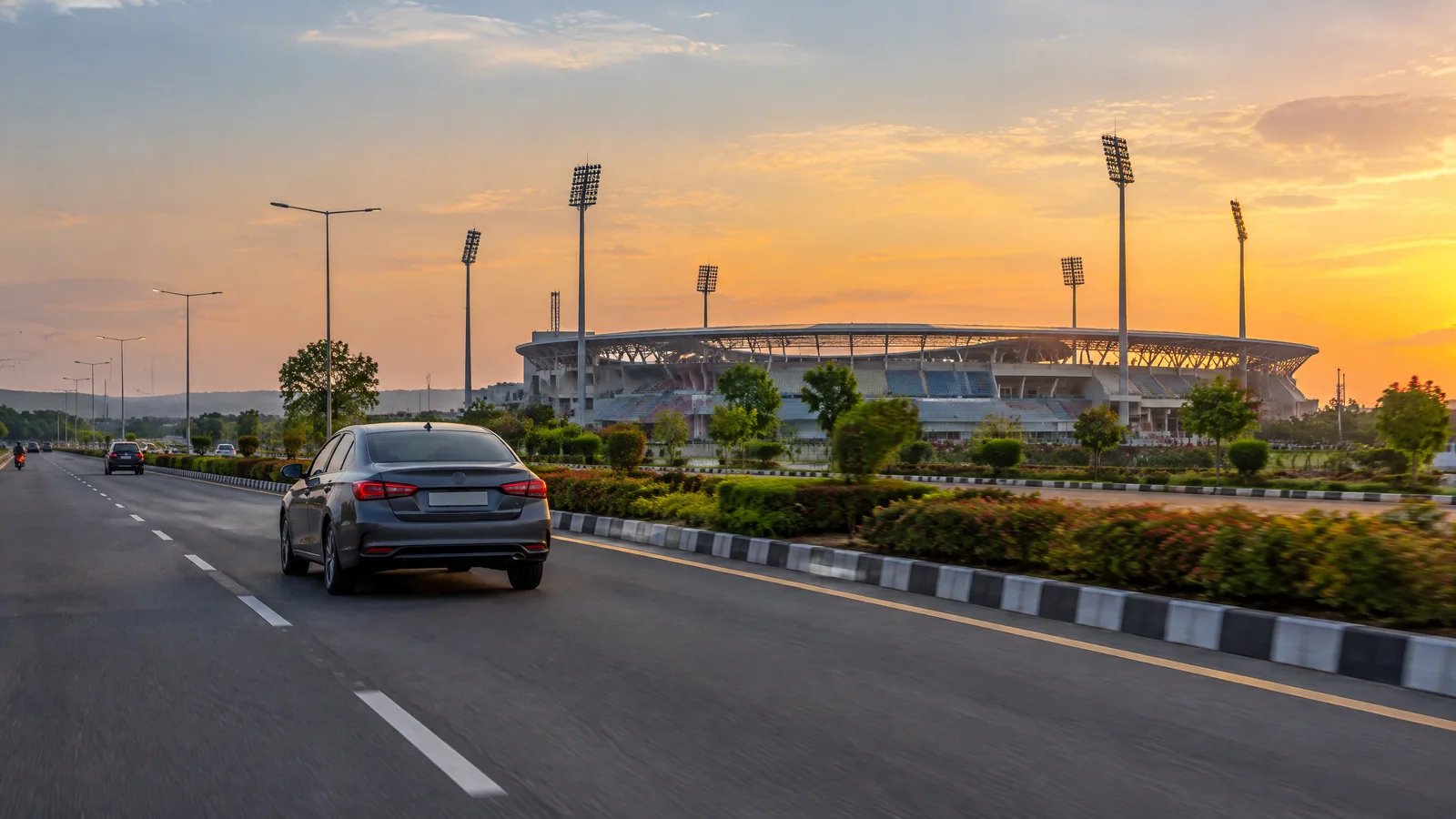 Car approaching the New Chandigarh Cricket Stadium by road