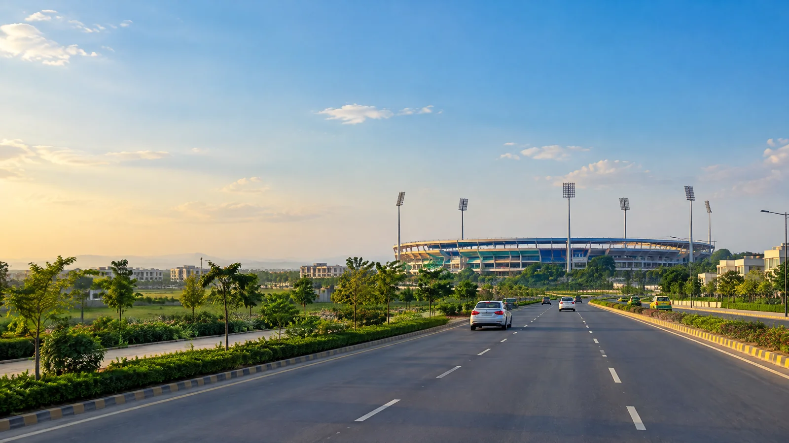 Road approach to Maharaja Yadavindra Singh International Cricket Stadium in New Chandigarh