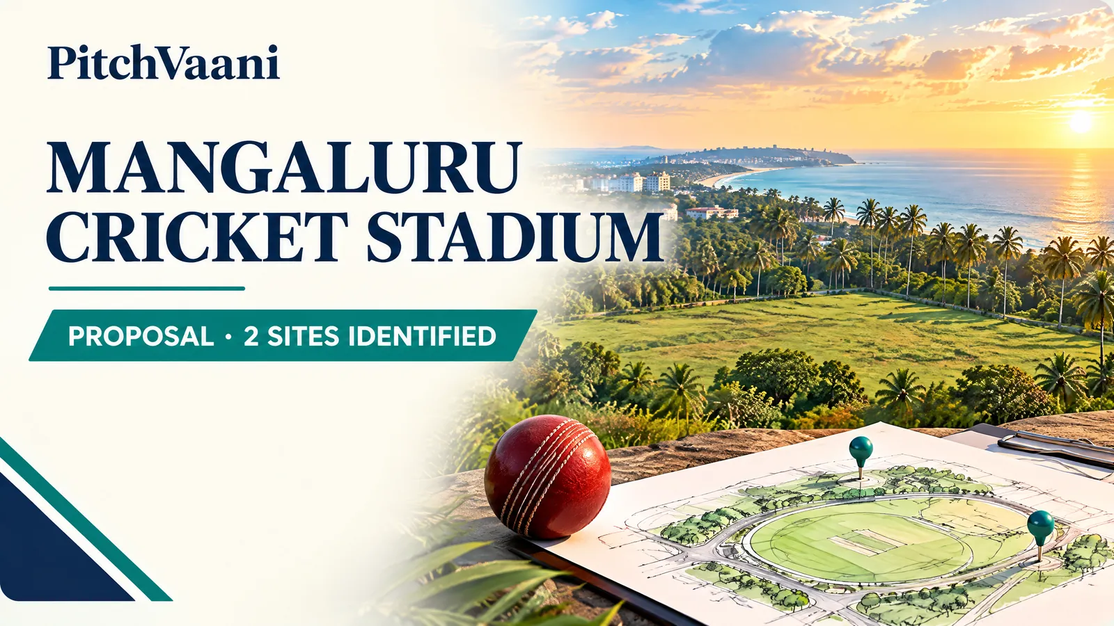 PitchVaani illustration of a proposed Mangaluru cricket stadium; the marked sites are conceptual, not confirmed locations