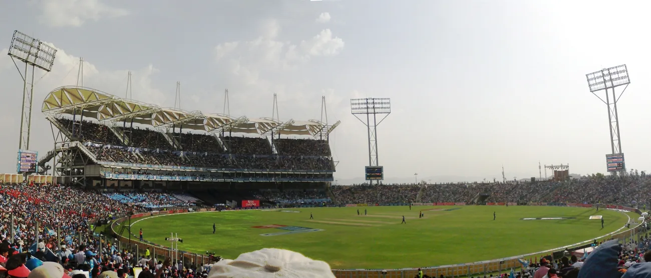Archival panorama of Maharashtra Cricket Association Stadium Pune with the pitch and pavilion