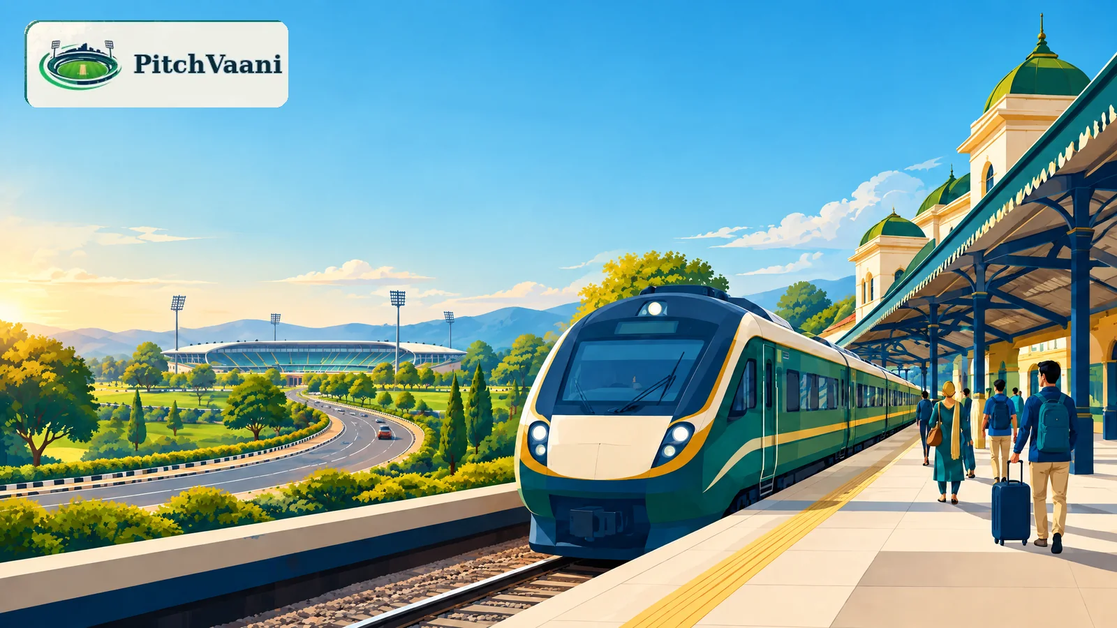 Original editorial illustration of a rail arrival and separate road transfer to Tira stadium