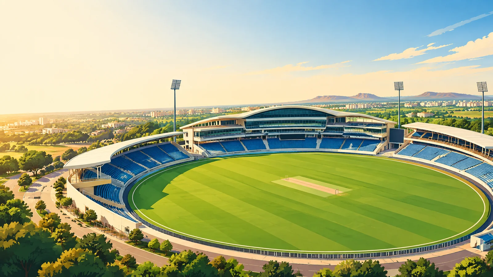 Original editorial illustration of a cricket stadium in Rajkot; not a photograph of Niranjan Shah Stadium