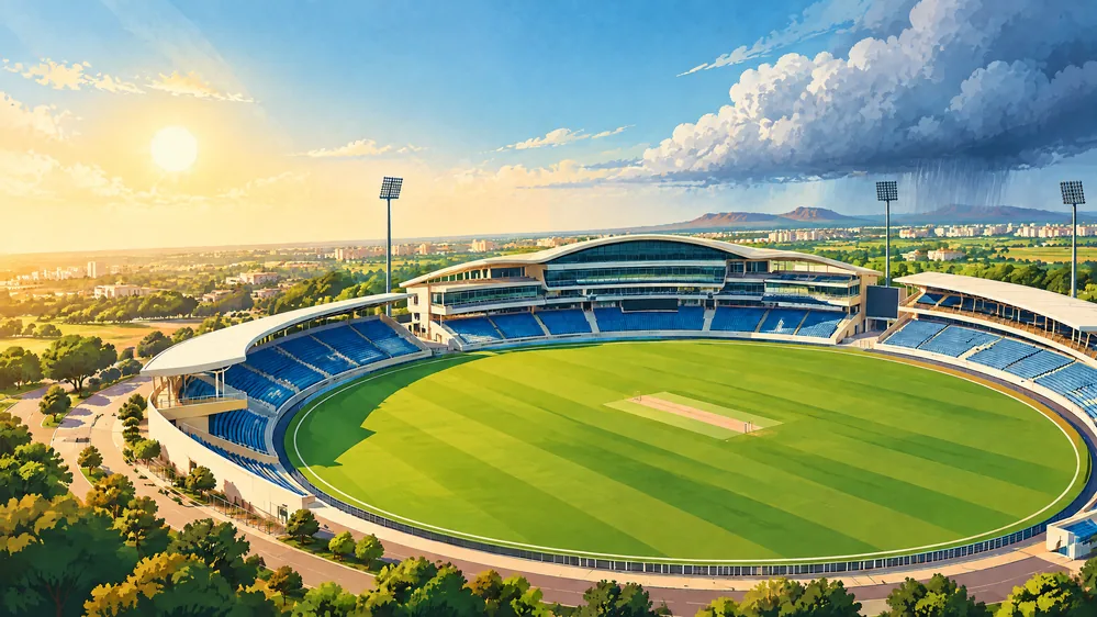 Illustrated seasonal weather over a cricket ground