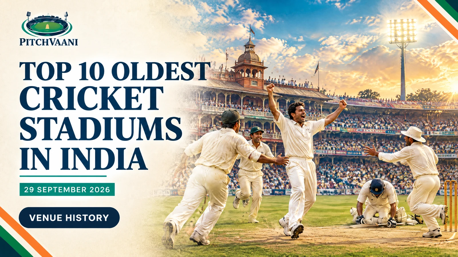Colorful PitchVaani editorial cover for the top 10 oldest cricket stadiums in India