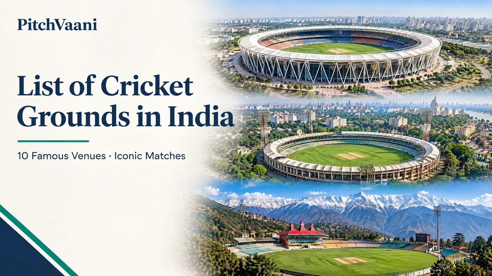 List of cricket grounds in India editorial cover showing stadiums in Ahmedabad, Kolkata and Dharamshala