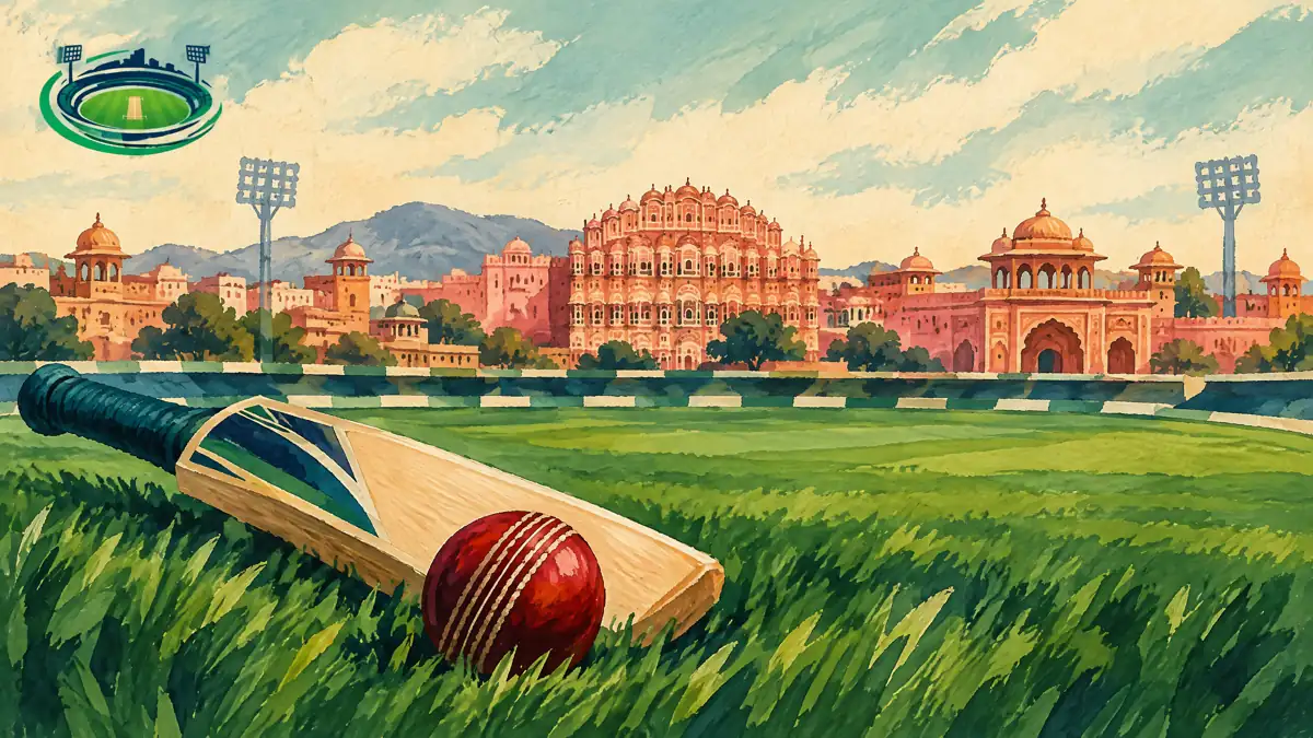Editorial illustration of Rajasthan cricket with Jaipur architecture; not a venue photograph