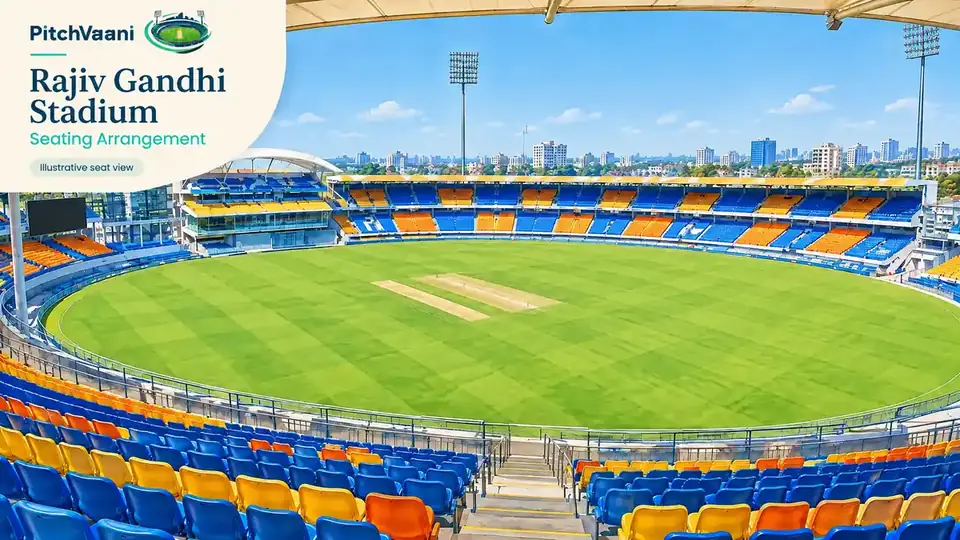 PitchVaani illustrative elevated seat view for the Rajiv Gandhi Stadium seating-arrangement guide in Hyderabad