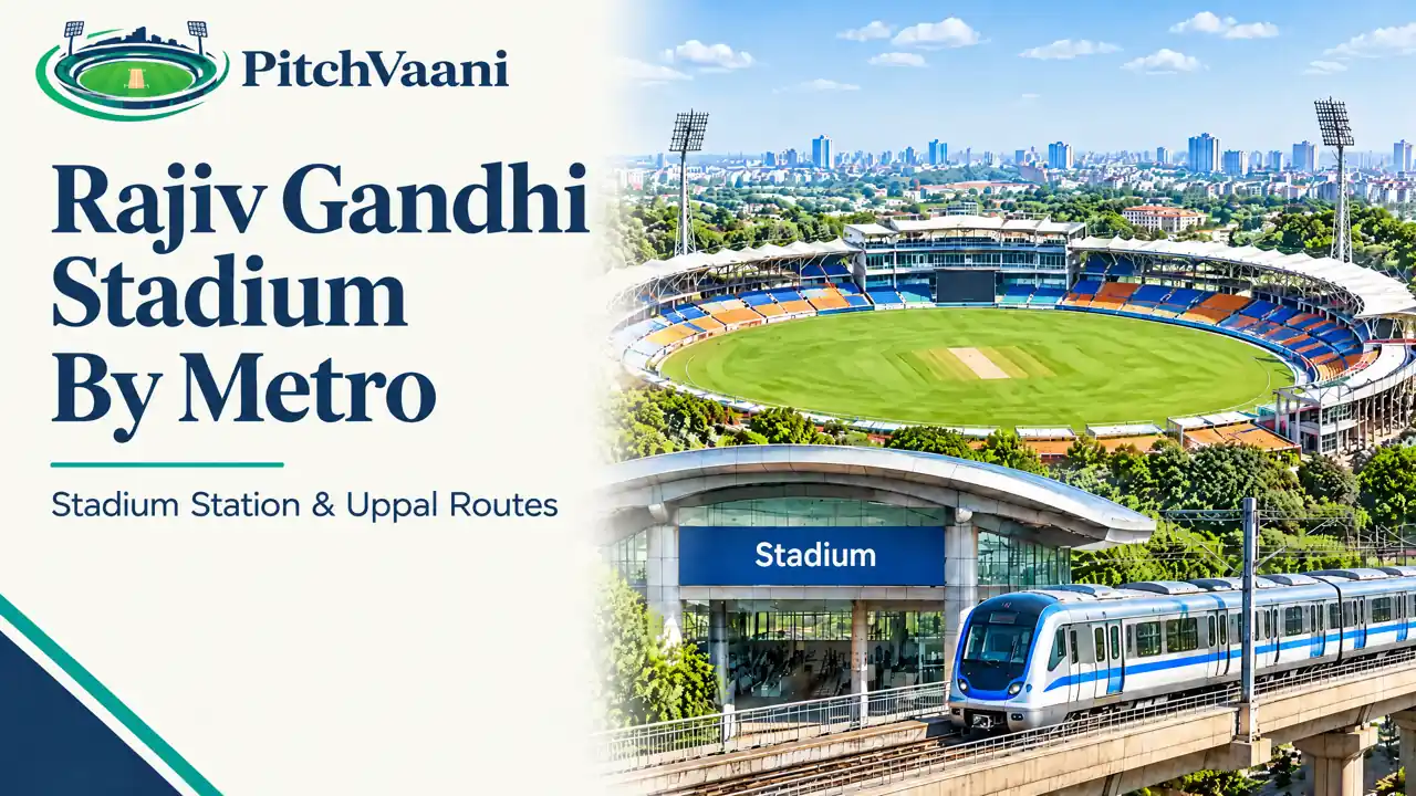 Rajiv Gandhi Stadium by Metro — PitchVaani illustration of Stadium station and the Hyderabad cricket ground