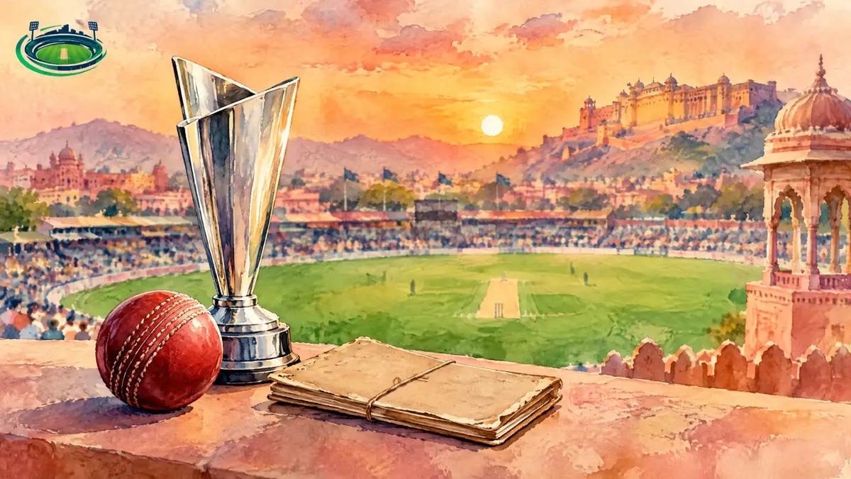 Editorial illustration of World Cup-era cricket at Sawai Mansingh Stadium