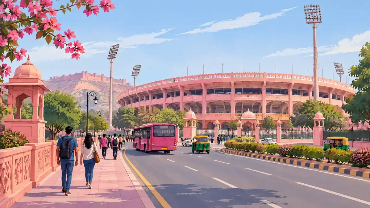 Sawai Mansingh Stadium travel approach, editorial illustration
