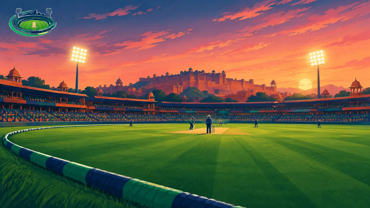 Editorial illustration of a Sawai Mansingh Stadium match night; not a match photograph