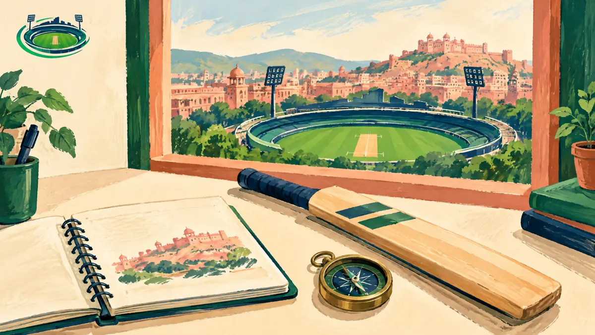 Editorial illustration of Sawai Mansingh Stadium in Jaipur; not a documentary photograph