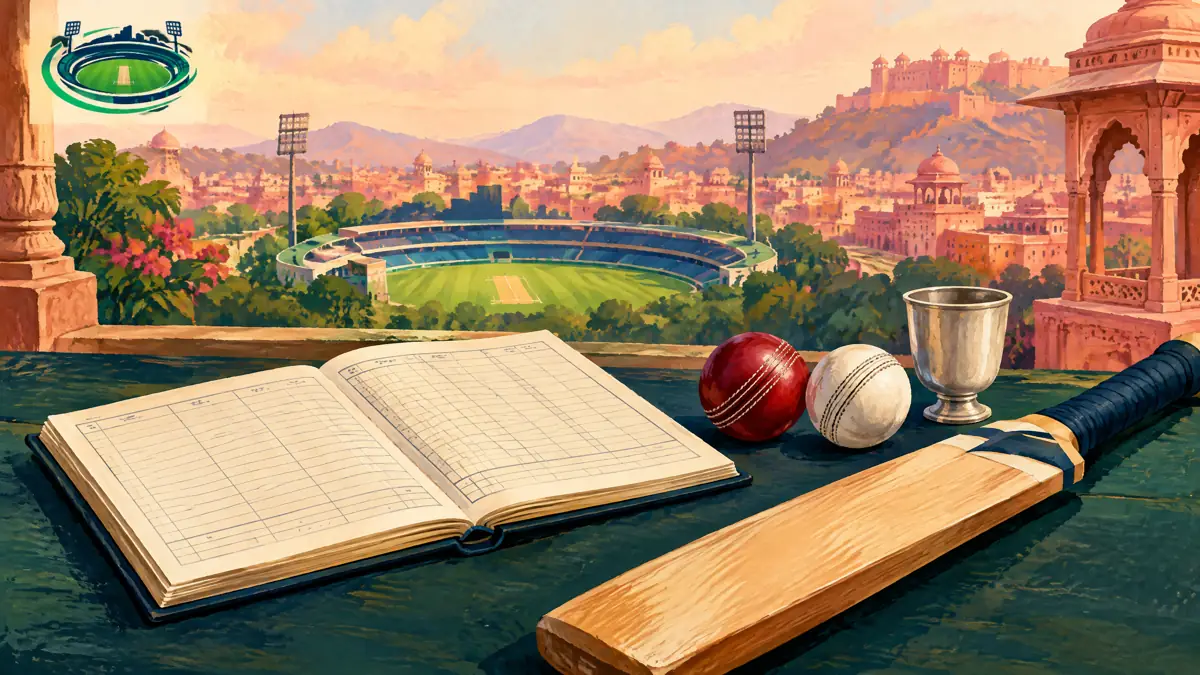Editorial illustration of Sawai Mansingh Stadium in Jaipur for the records page; not a documentary photograph