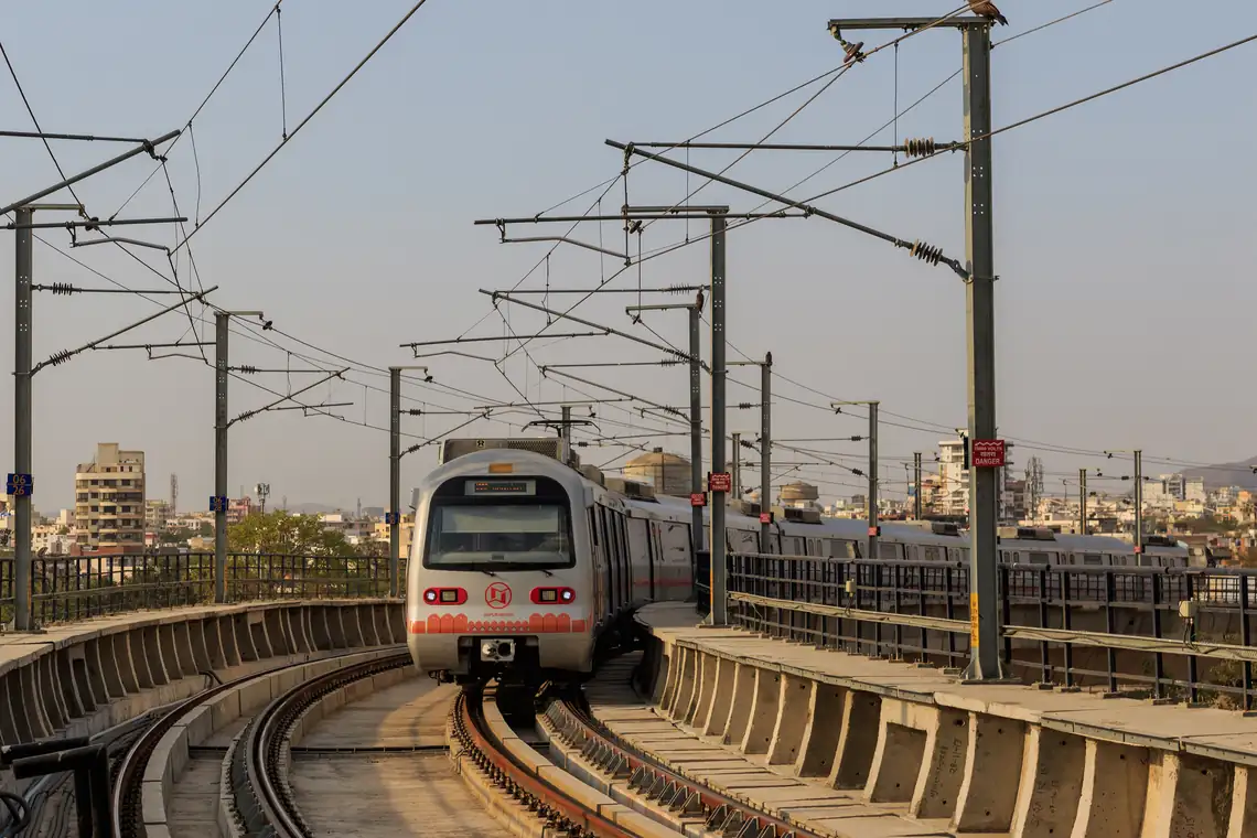 Jaipur Metro train and elevated track near Jaipur railway station