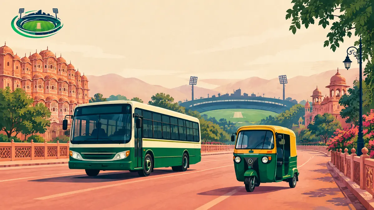 Editorial illustration of travel around Sawai Mansingh Stadium in Jaipur; not a street photograph