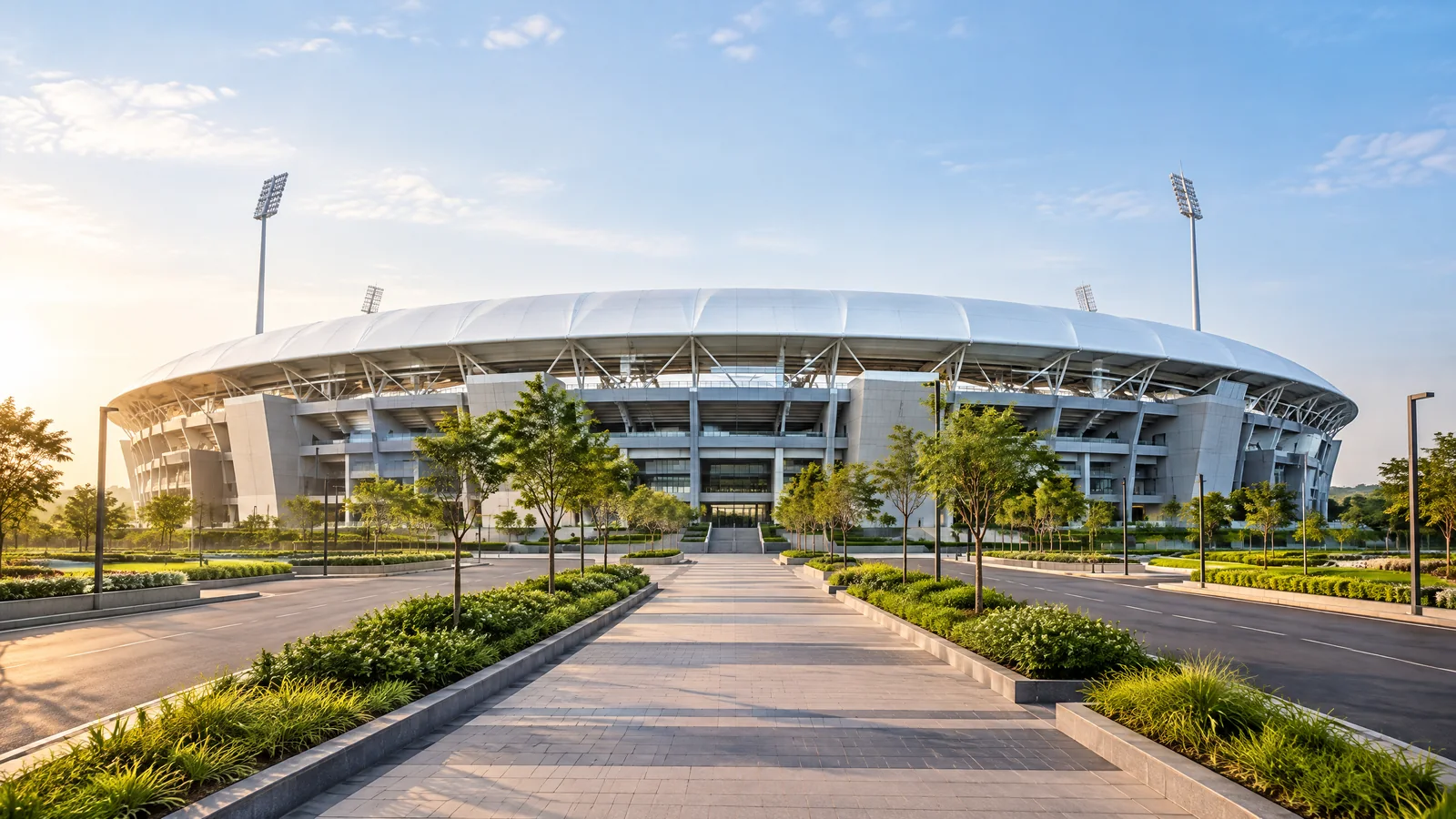 Exterior approach to BCA Stadium at Kotambi, Vadodara