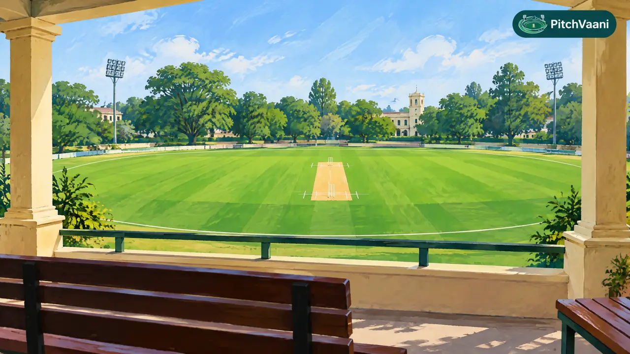 Original illustrative campus-cricket ground scene for Daly College Ground Review: Match-Day Experience
