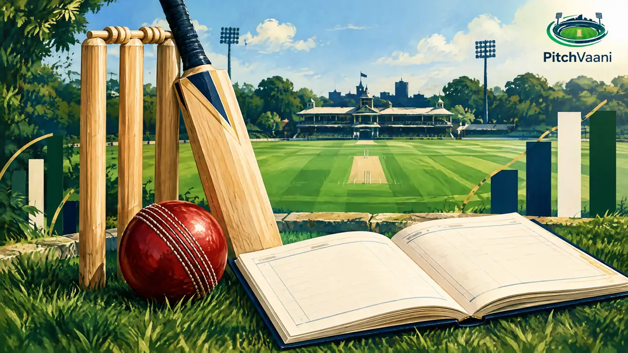 Illustrative cricket scorebook and equipment for the Daly College Ground records card