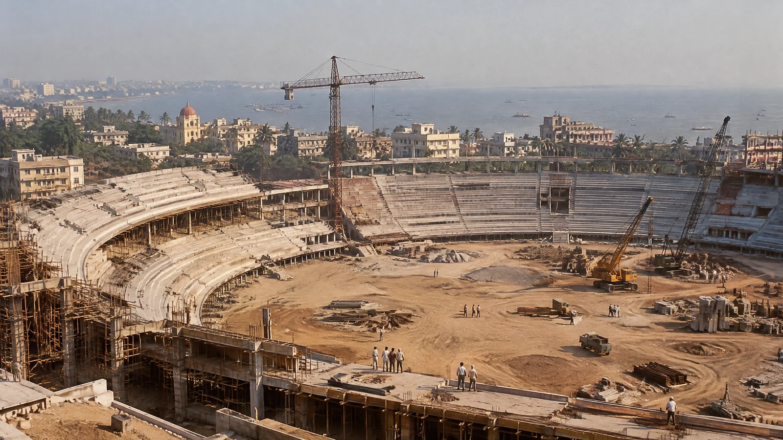 Editorial reconstruction of Wankhede Stadium under construction in Mumbai in 1974