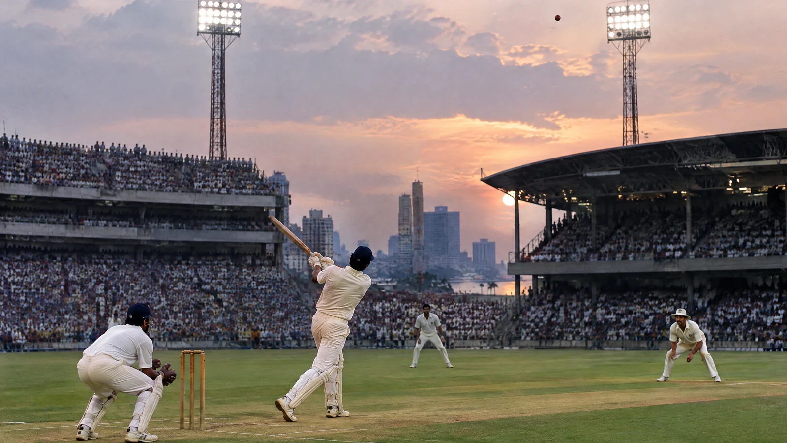 Editorial cricket scene representing Wankhede Stadium milestones from 1984 to 1996